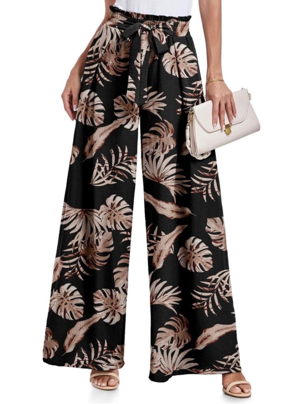 New High Waisted Black Wide-Leg Palazzo Pants With Tropical Leaf Print sz L